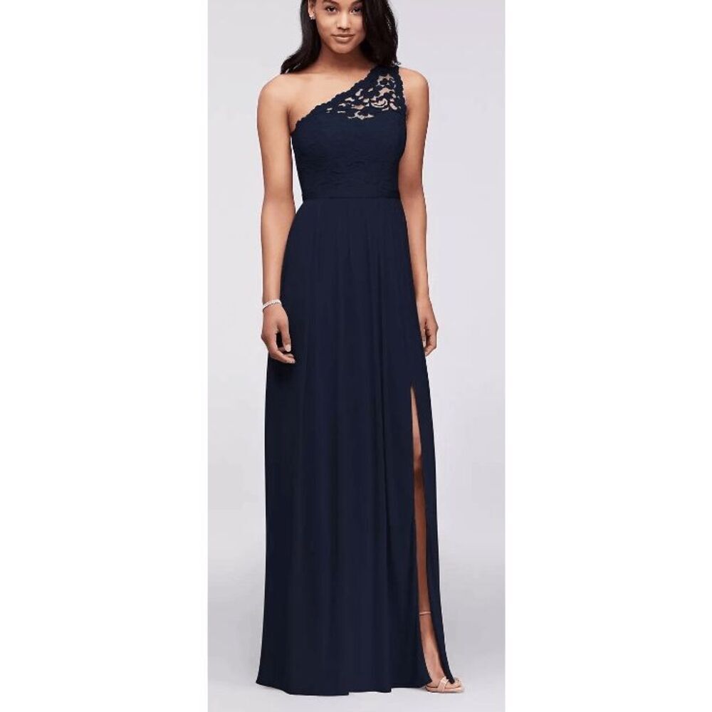David's Bridal Women's Size 8 Navy Marine Long One Shoulder Lace